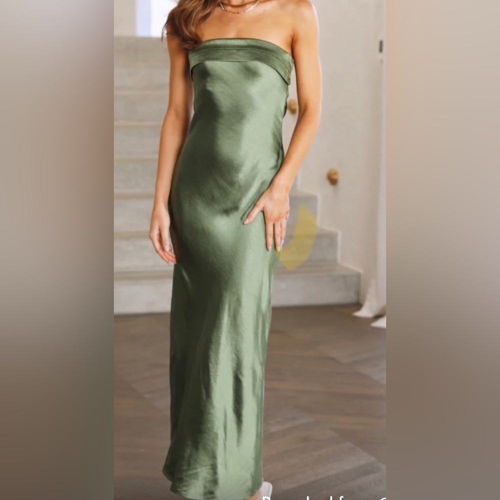 Hello Molly Run To The Top Olive Green Satin Strapless Maxi Dress - Picture 1 of 3